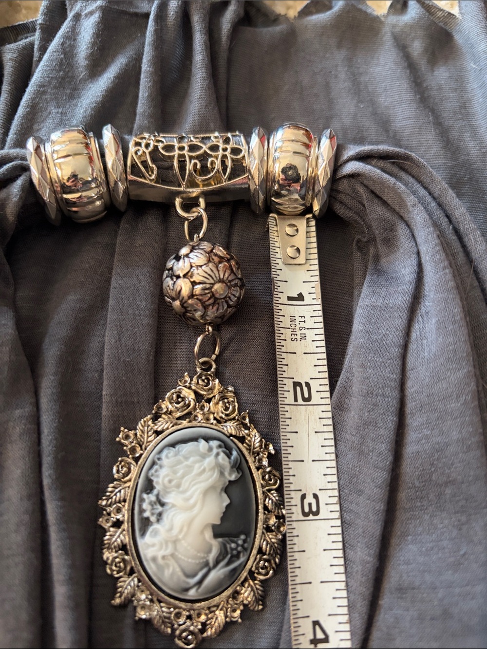 Gray Cameo Pendant Scarf Necklace - Women's Fashion Jewelry - Picture 9 of 14